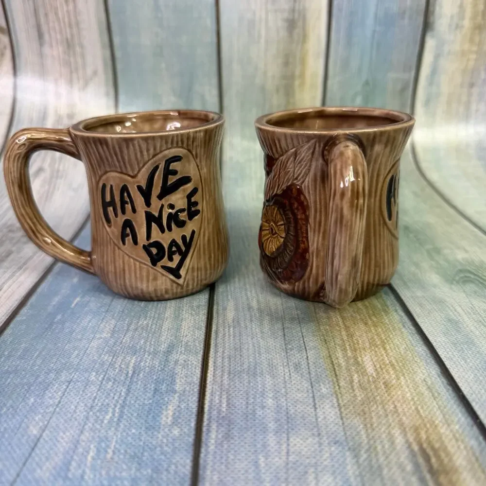 Owl Coffee Mug Set Of Two Vintage 70s Retro Brown Have A Nice Day Tea Hippie